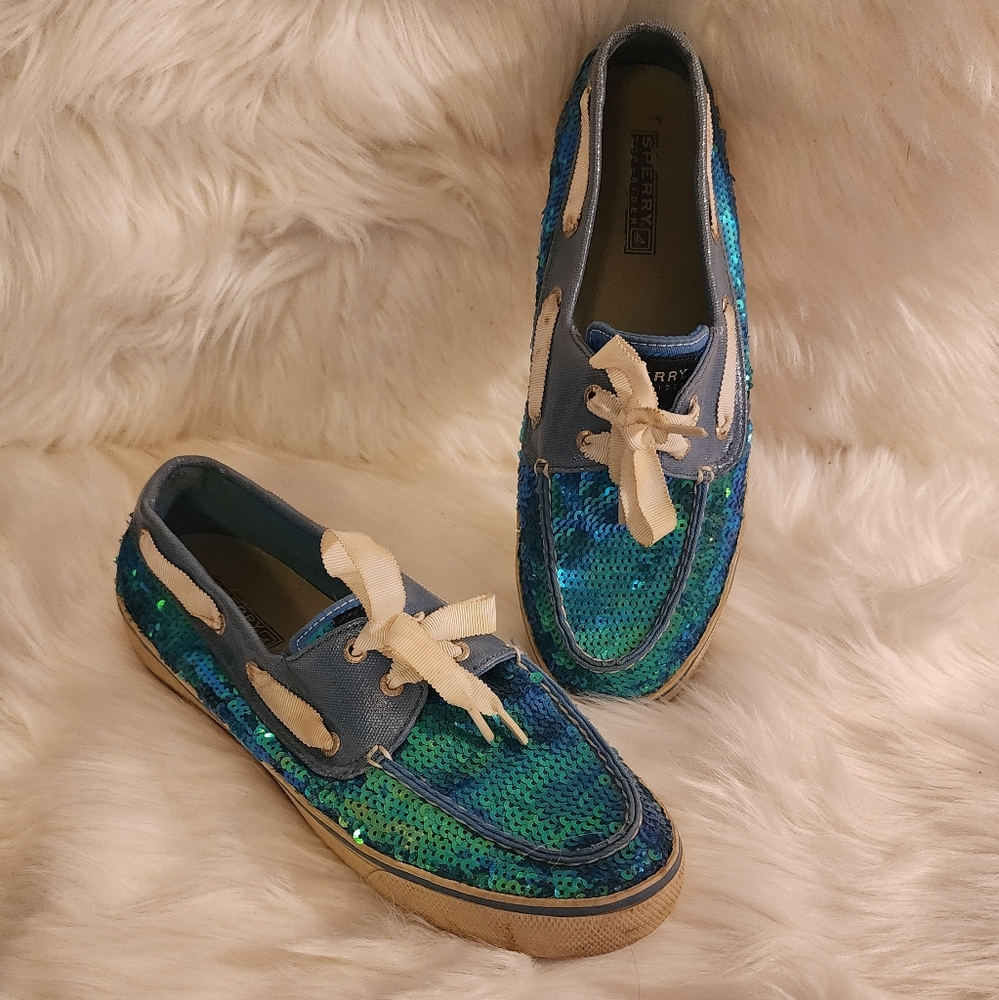 Sperry Blue Sequin Boat Shoes flat sneakers women 9.5